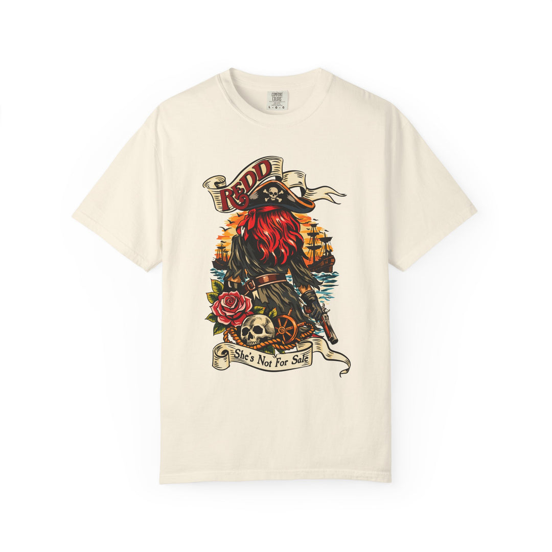 Redd Tee in Ivory, flat lay front showing Redd the pirate framed by a banner, roses and a skull