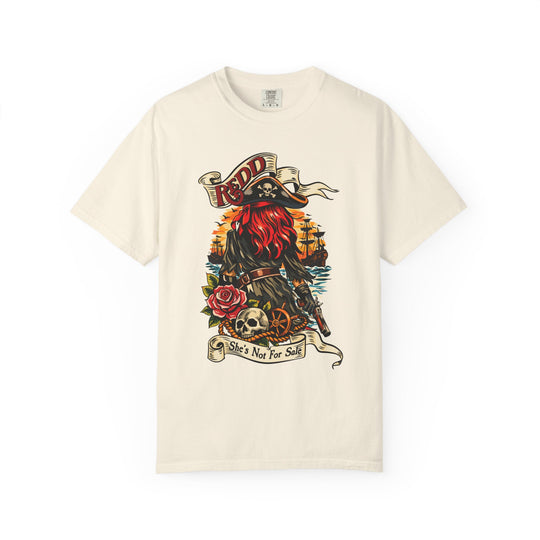 Redd Tee in Ivory, flat lay front showing Redd the pirate framed by a banner, roses and a skull