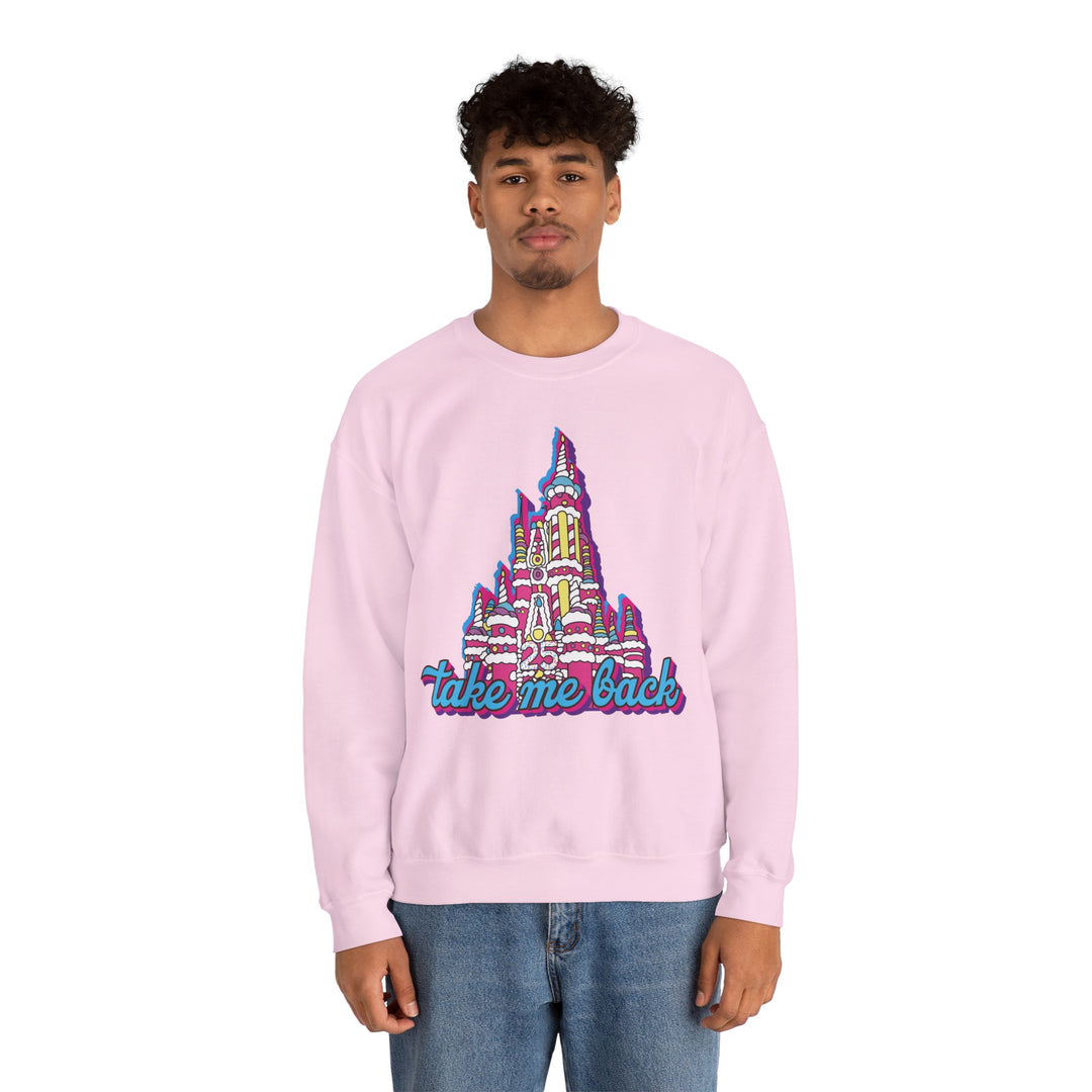Take Me Back Cake Castle Sweatshirt in Light Pink worn by a man in jeans, front view