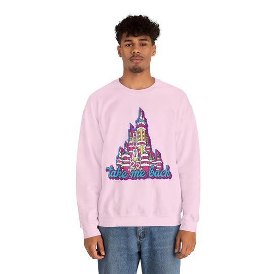 Take Me Back Cake Castle Sweatshirt in Light Pink worn by a man in jeans, front view