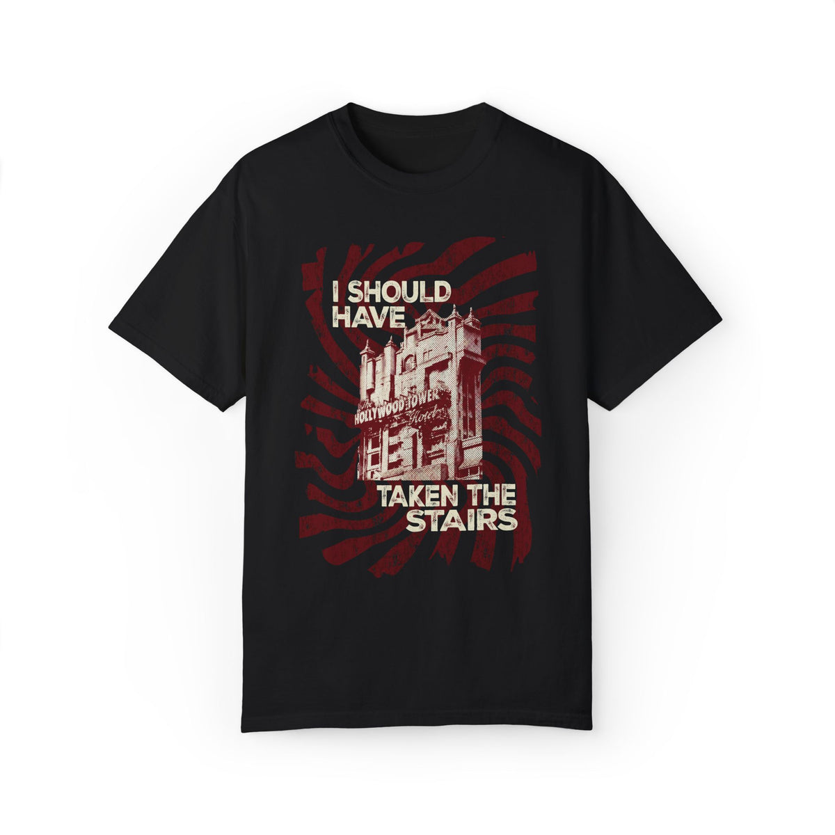 Should Have Taken The Stairs Tee in Black, front flat lay with Tower of Terror hotel and I Should Have Taken the Stairs text