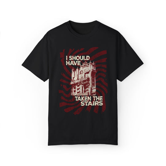 Should Have Taken The Stairs Tee in Black, front flat lay with Tower of Terror hotel and I Should Have Taken the Stairs text