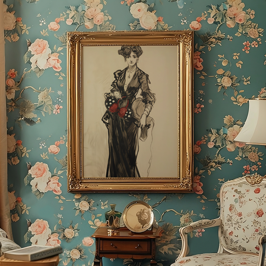Fancy Minnie Ears Fine Art Print in a gold baroque frame hanging on teal floral wallpaper in a vintage parlor