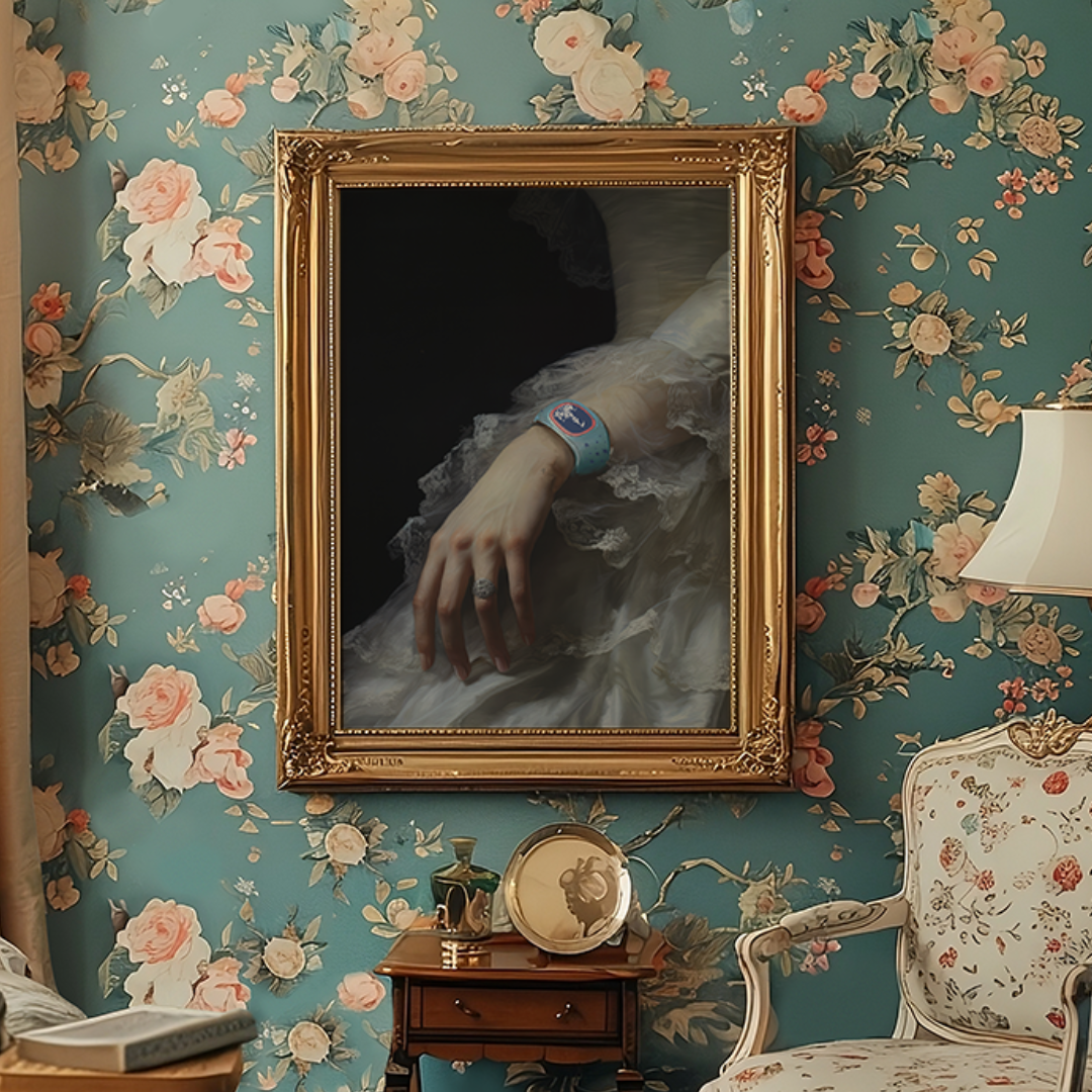 Magic Band Fine Art Print in a gilded frame on teal floral wallpaper above a vintage side table