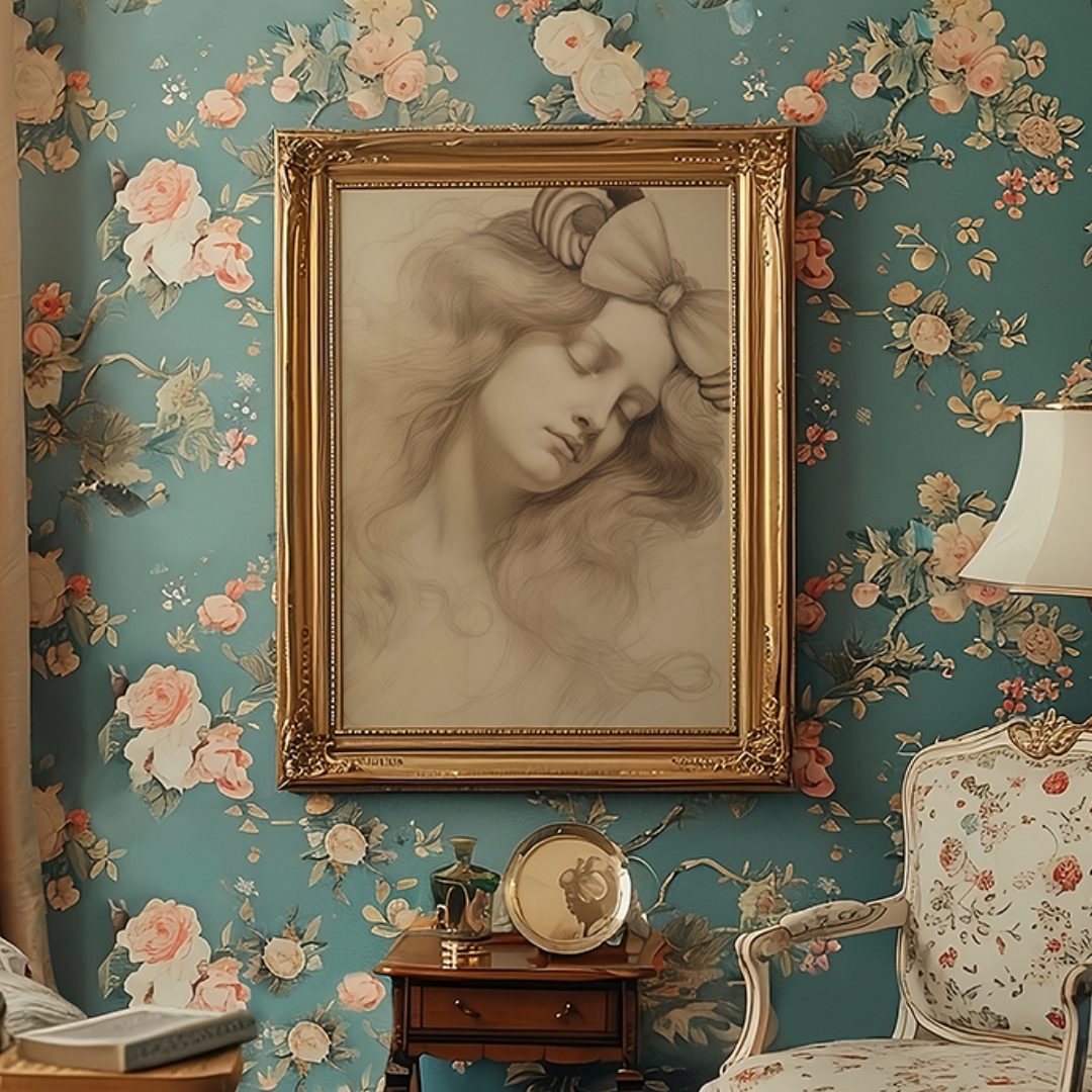 Churro Ears Fine Art Print in a gold frame on teal floral wallpaper above a vintage side table and armchair