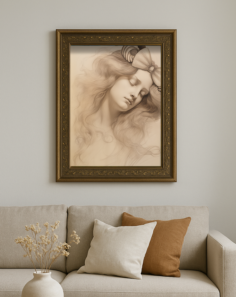 Churro Ears Fine Art Print in a dark frame hanging above a cream sofa with throw pillows in a living room