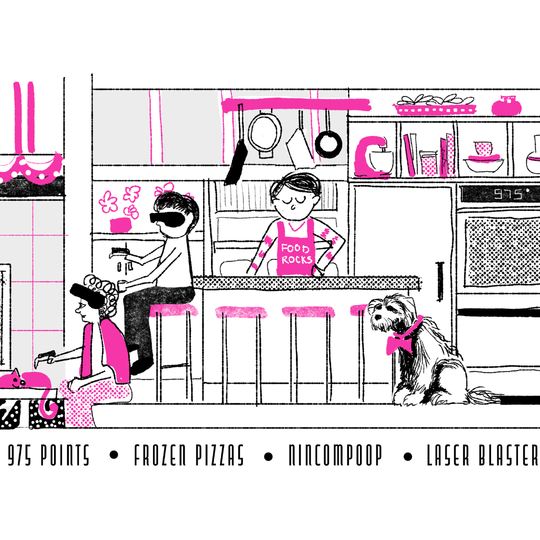Carousel of Progress Fine Art Print detail of the pink fourth act kitchen, with 975 Points and Frozen Pizzas captions