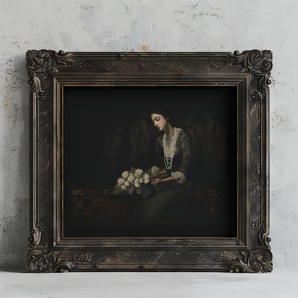 Limited Edition Constance 11x14 print in a dark carved wood frame leaning against a grey plaster wall
