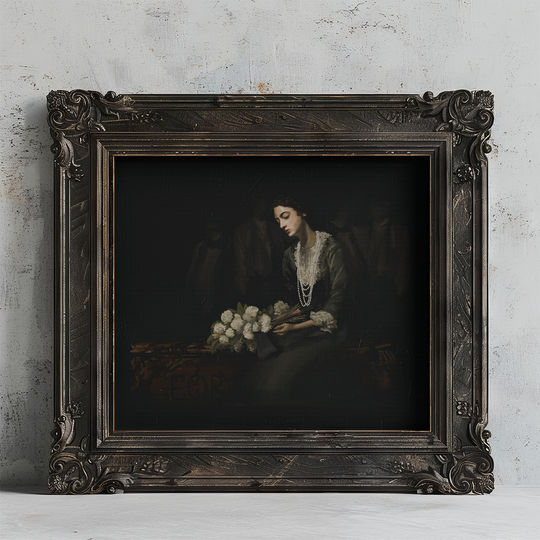 Limited Edition Constance 11x14 print in a dark carved wood frame leaning against a grey plaster wall