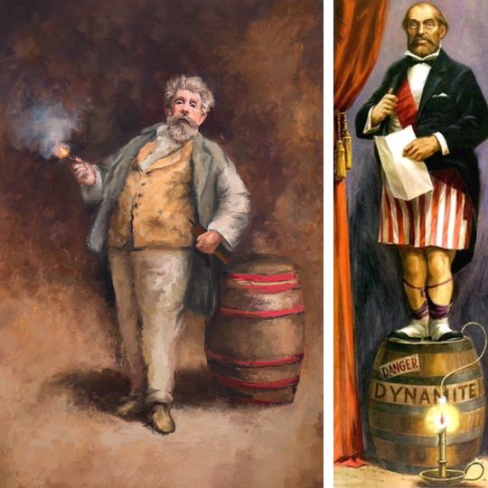 Dynamo Fine Art Print shown beside the original Haunted Mansion stretching room portrait of a man on dynamite