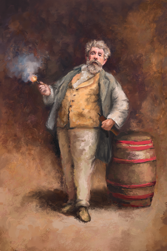 Dynamo Fine Art Print unframed, oil painting of a bearded man holding a lit fuse beside a red-banded barrel