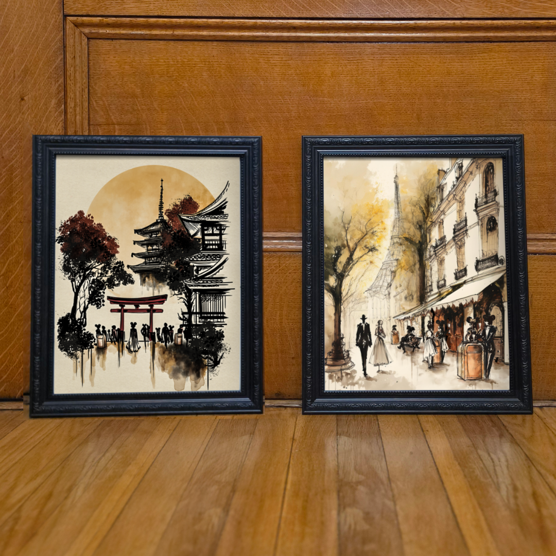 Showing the Japan and Paris Epcot Art Trash Can Prints Next To Each Other