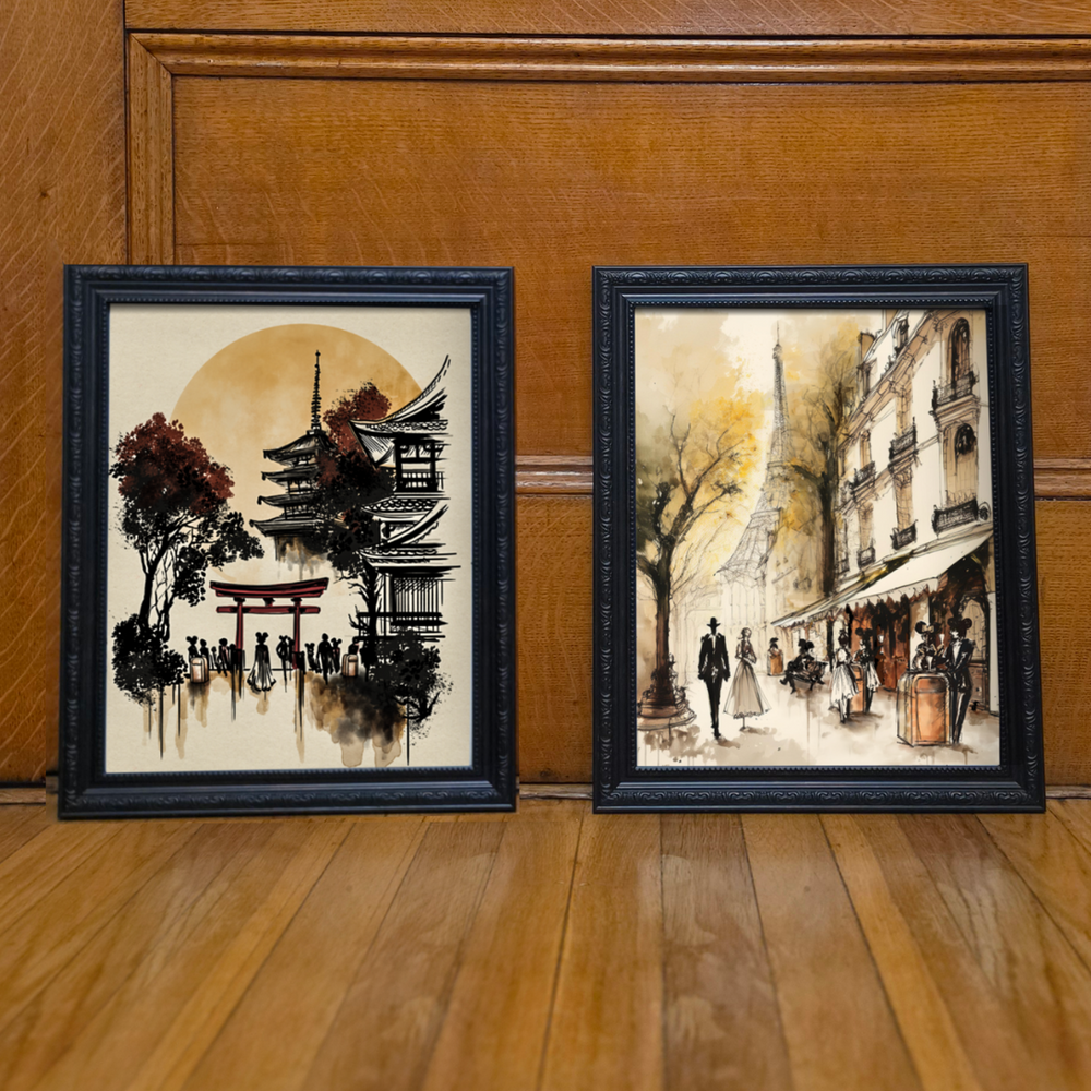 Showing the Japan and Paris Epcot Art Trash Can Prints Next To Each Other