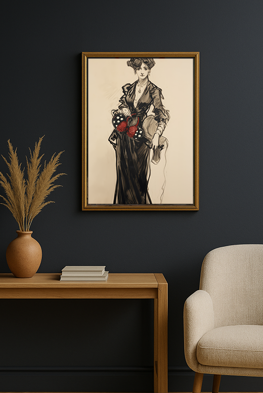 Fancy Minnie Ears Fine Art Print in a thin gold frame on a dark wall above a wooden console and armchair
