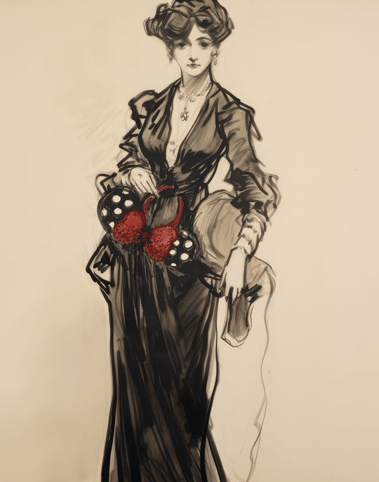 Fancy Minnie Ears Fine Art Print close-up of the sketch of an elegant Victorian woman holding polka dot Minnie ears