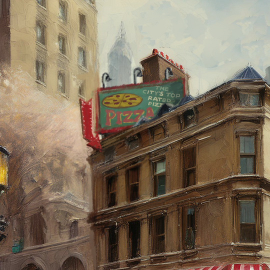 Muppet PizzeRizzo Fine Art Print detail close-up of the pizzeria rooftop sign and brick building