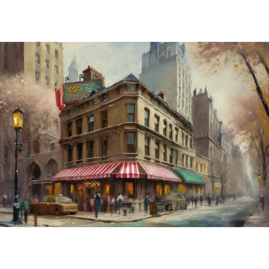 Muppet PizzeRizzo Fine Art Print, full unframed view of the painted city street corner and pizzeria