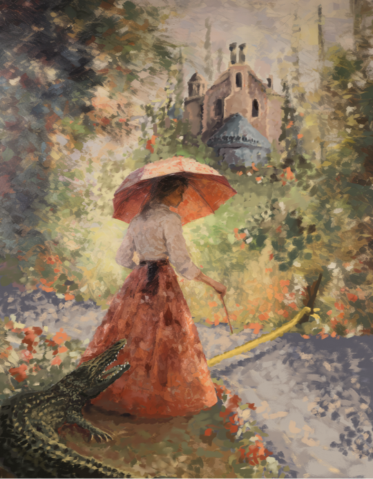 Sally Slater Fine Art Print, full unframed view of the painterly parasol girl with the Haunted Mansion and alligator