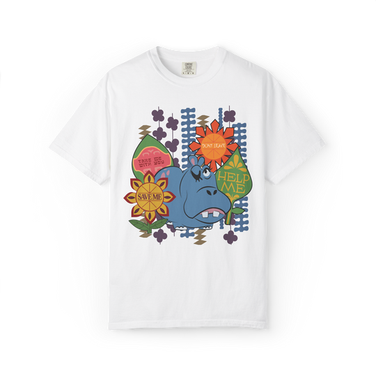 Hippo Help Me Tee in White, front flat lay on a black background showing the Mary Blair style hippo print