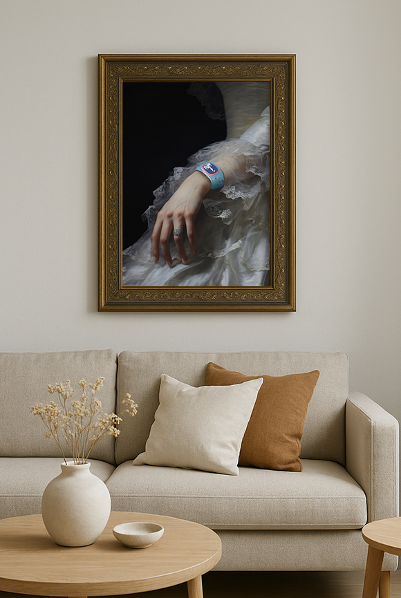 Magic Band Fine Art Print in a gold frame hanging above a beige sofa in a neutral living room