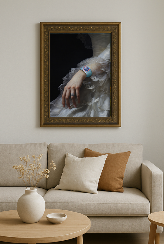 Magic Band Fine Art Print in a gold frame hanging above a beige sofa in a neutral living room