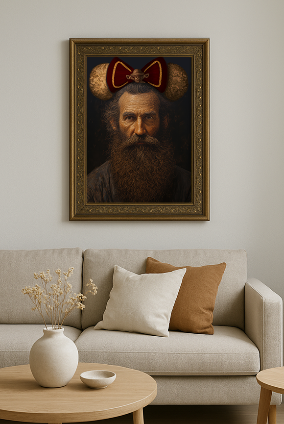 Pirate Man Fine Art Print in a gold frame hanging above a beige sofa in a neutral living room