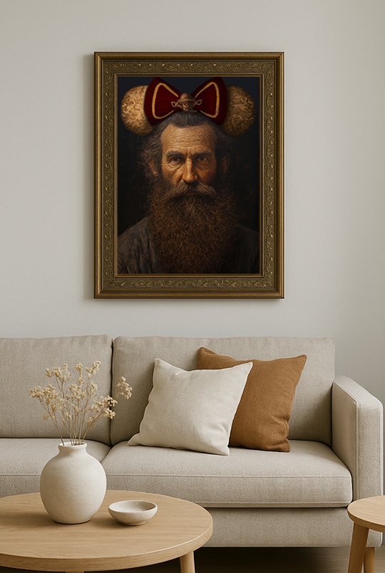 Pirate Man Fine Art Print in a gold frame hanging above a beige sofa in a neutral living room