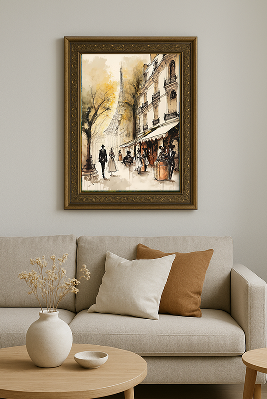 Epcot Trash Can Dining Fine Art Print in a dark frame hanging above a beige sofa in a neutral living room
