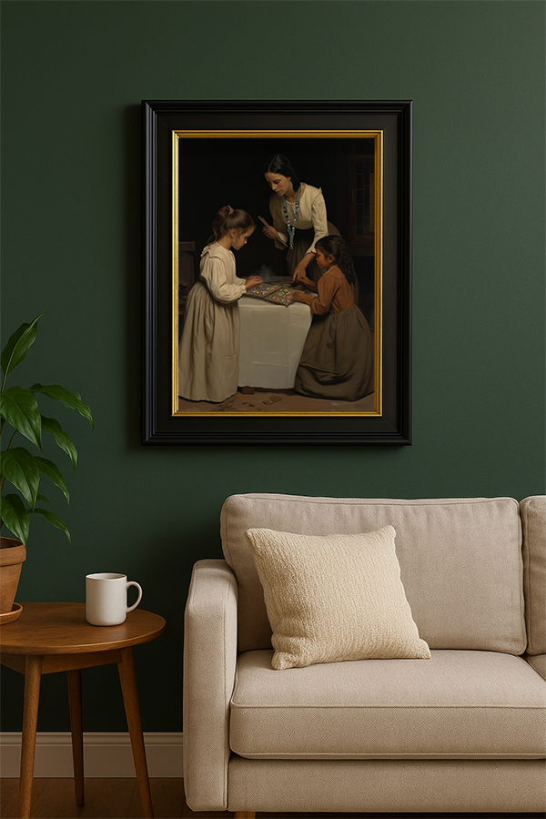 Pin Trading Fine Art Print in a black frame hanging on a dark green wall above a cream sofa