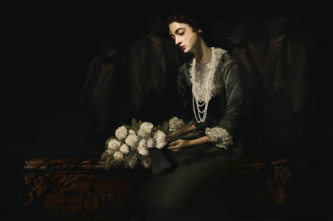 Constance Hatchaway holding white flowers in a dark setting