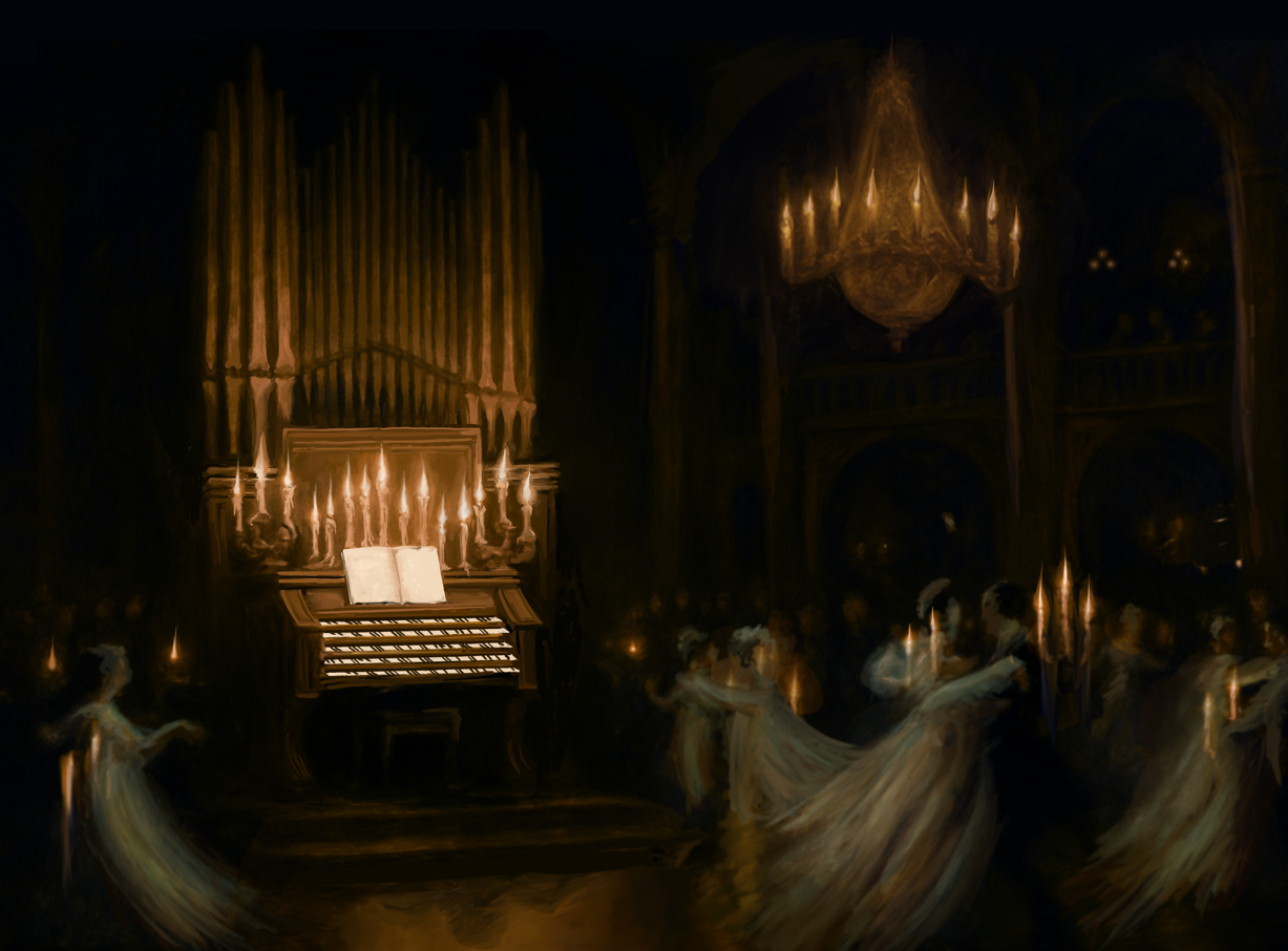 Haunted Mansion ballroom fine art print showing waltzing ghosts, glowing candles, and the pipe organ on archival matte paper