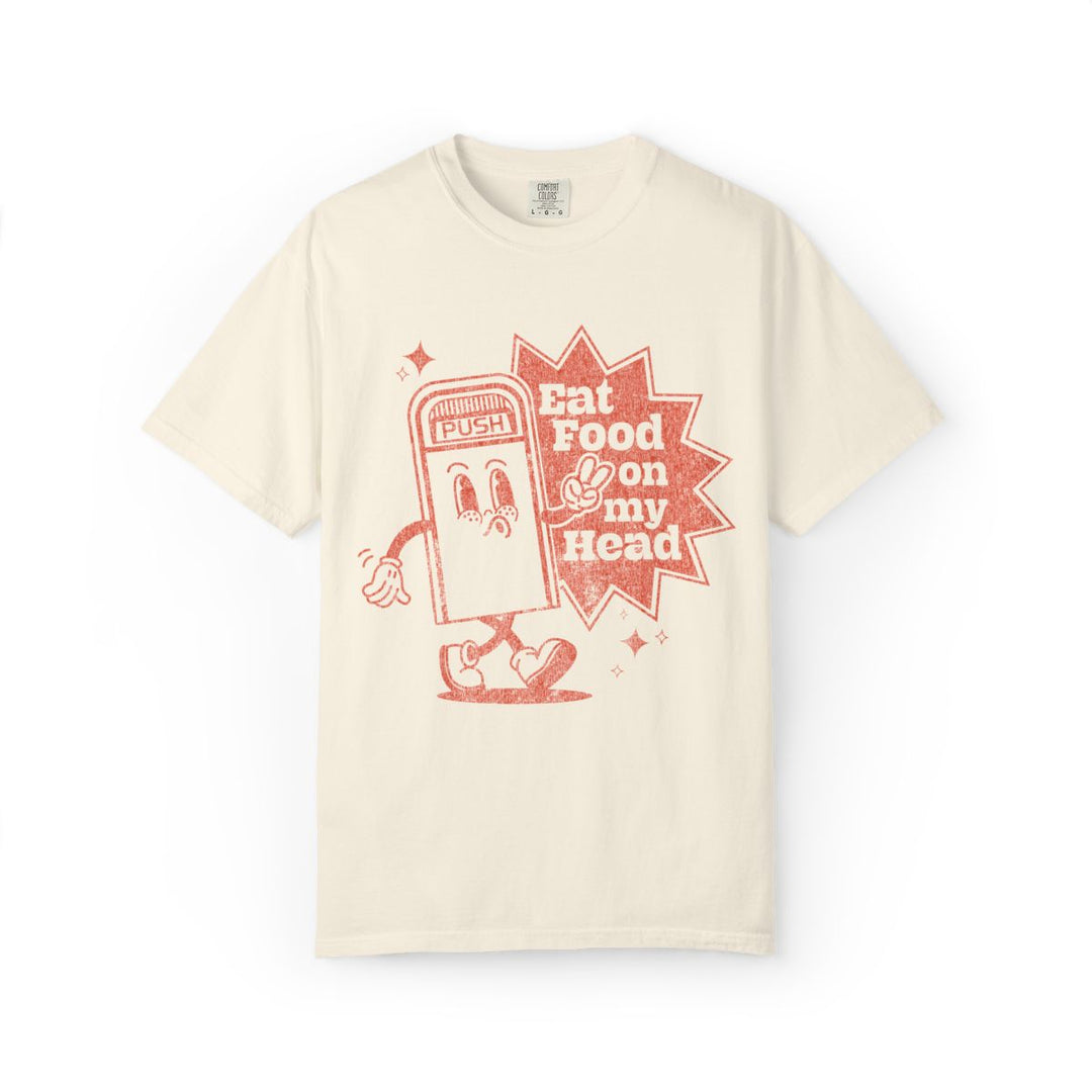 Disney Trash Can Tee in Ivory, flat lay front with the PUSH trash can character printed in coral red
