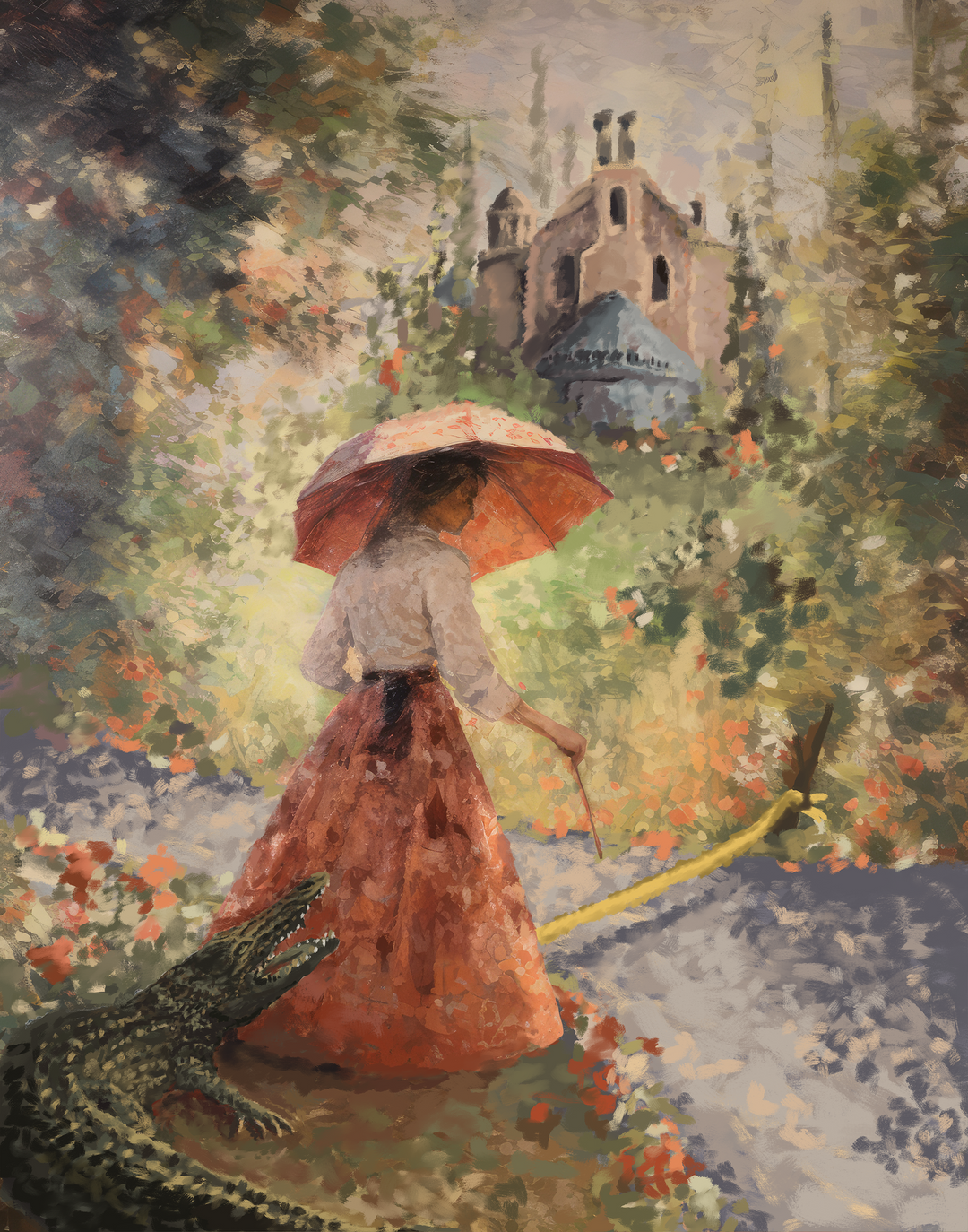 Limited Edition Sally Slater art print, close-up of Sally with her parasol on the tightrope above the alligator