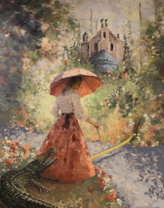 Limited Edition Sally Slater art print, close-up of Sally with her parasol on the tightrope above the alligator