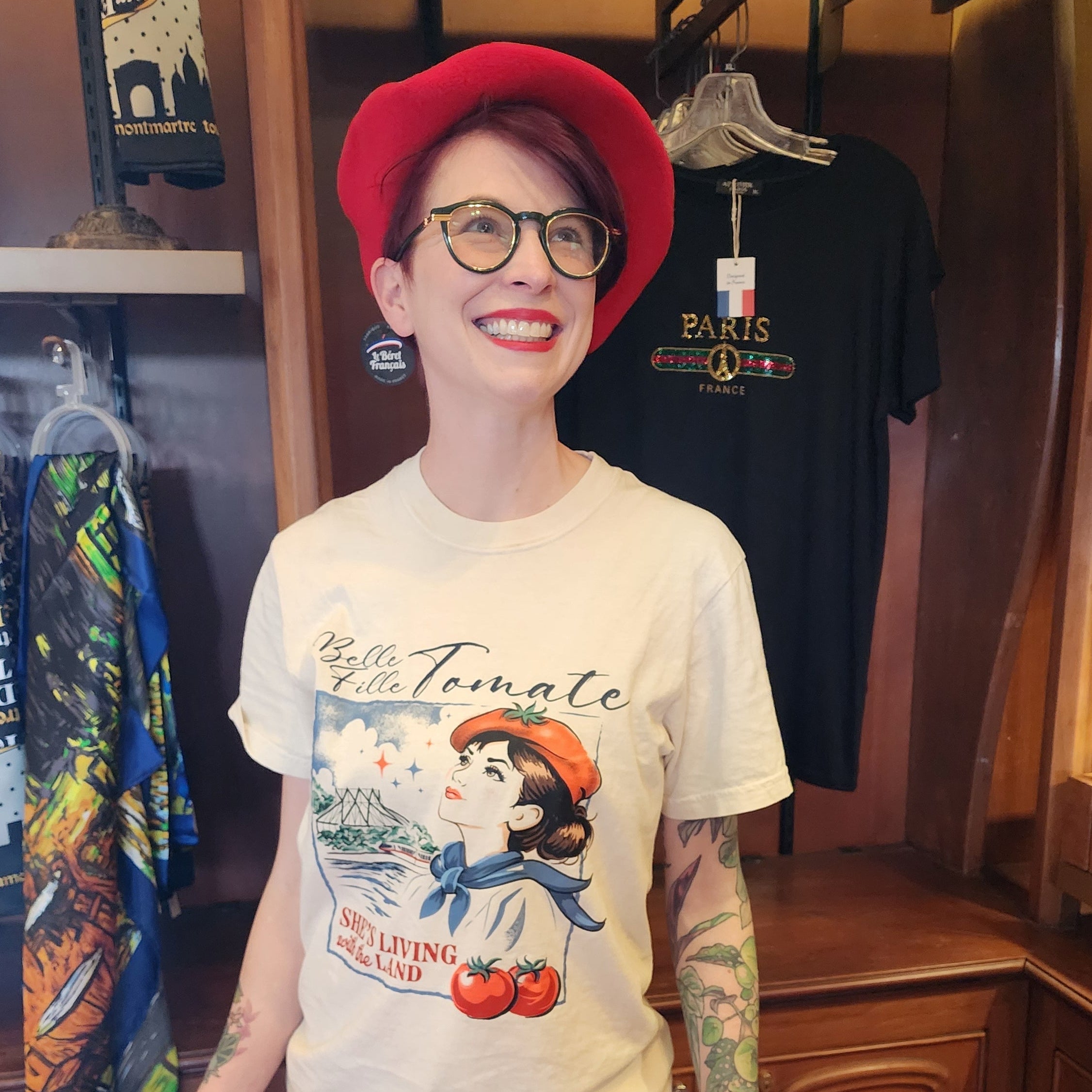 Kylie wearing the Tomato Girl tee in a beret