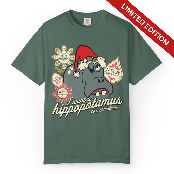I Want a Hippopotamus for Christmas Shirt in Blue Spruce, front flat lay with the hippo in a Santa hat