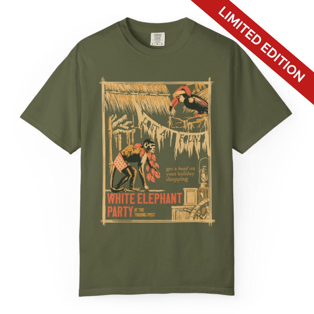 White Elephant Party Jungle Cruise Christmas Shirt in olive green, front flat lay of the vintage poster art