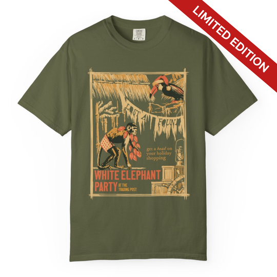 White Elephant Party Jungle Cruise Christmas Shirt in olive green, front flat lay of the vintage poster art