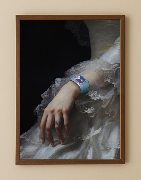 Magic Band Fine Art Print in a simple wood frame on a warm beige wall, baroque portrait with a MagicBand