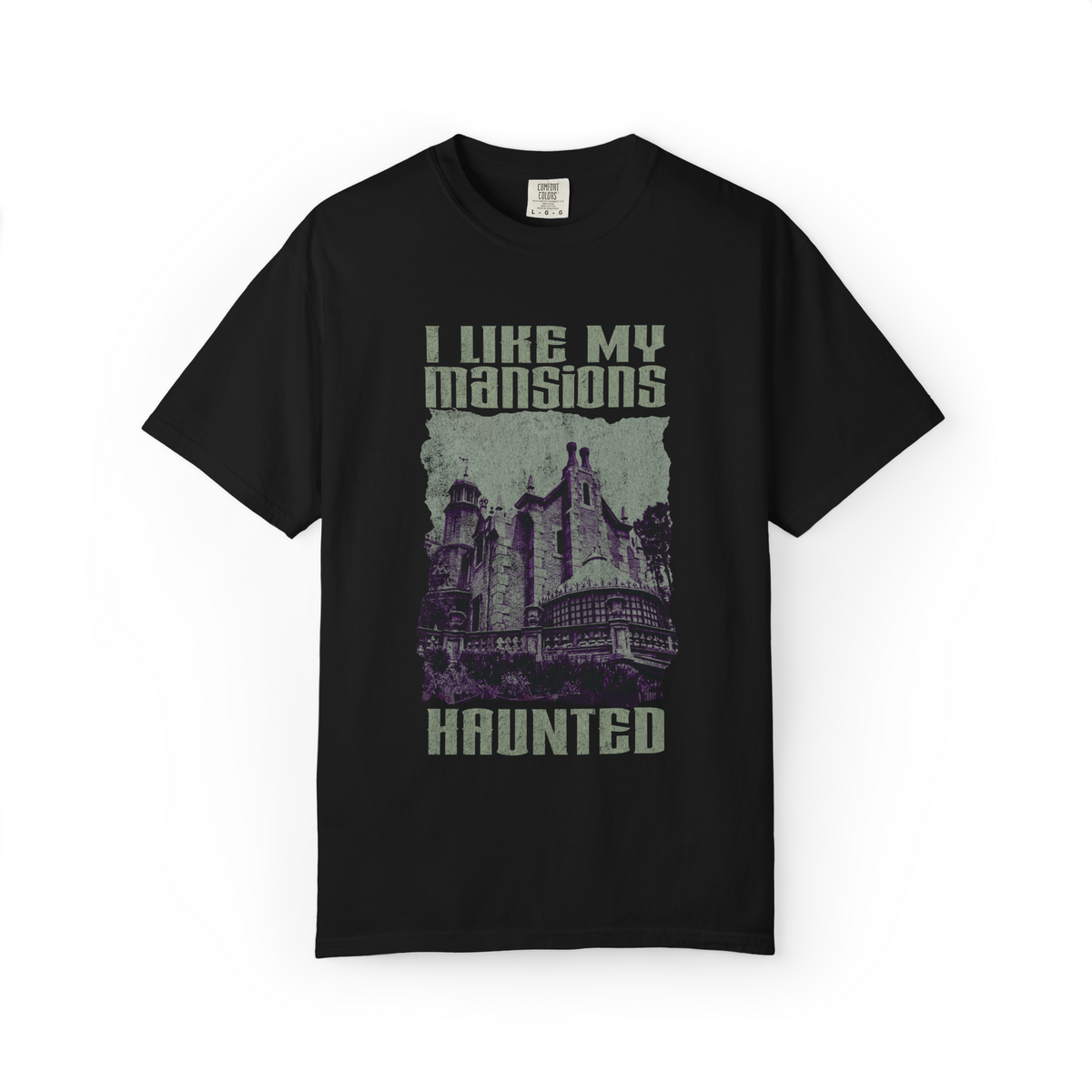 I Like My Mansions Haunted Tee in Black, front flat lay with a distressed Haunted Mansion print in sage green