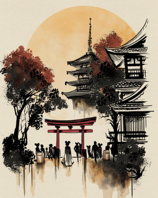 Japan Pavilion Ink Wash Art Print, unframed view of the Epcot torii gate, pagoda and crowd in ink wash