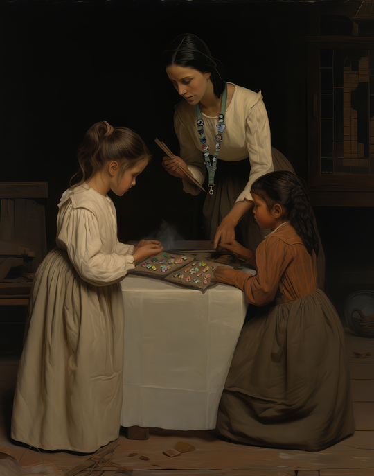 Pin Trading Fine Art Print unframed, oil-style painting of a woman and two girls trading Disney pins
