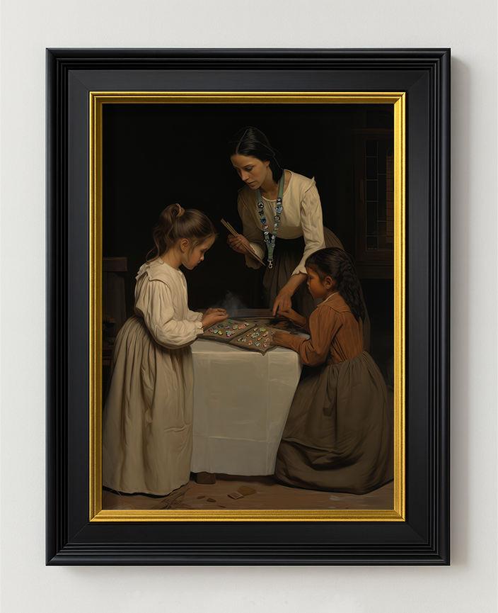Pin Trading Fine Art Print in a black and gold frame on a light wall, showing the pin trading table
