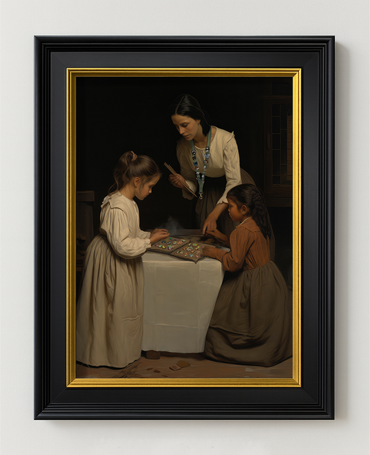 Pin Trading Fine Art Print in a black and gold frame on a light wall, showing the pin trading table