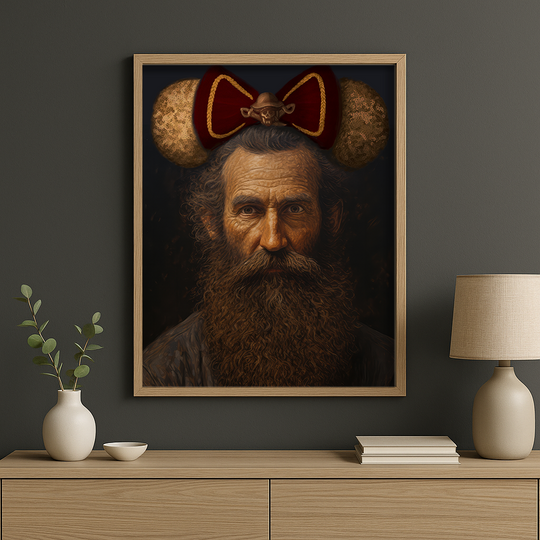 Pirate Man Fine Art Print in a wood frame on a dark gray wall above a dresser with a lamp and vase