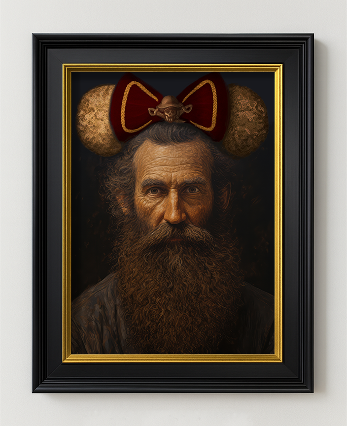 Pirate Man Fine Art Print in a black and gold frame on a light wall, straight-on view