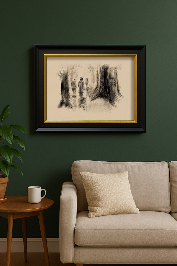 Quicksand Trio Fine Art Print in a black frame hanging above a beige sofa on a dark green living room wall