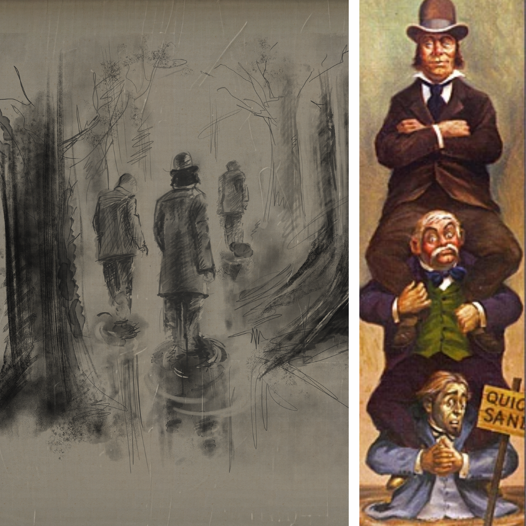 Quicksand Trio Fine Art Print shown beside the original Haunted Mansion Stretching Room quicksand portrait