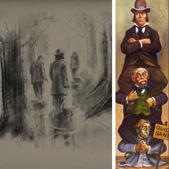 Quicksand Trio Fine Art Print shown beside the original Haunted Mansion Stretching Room quicksand portrait