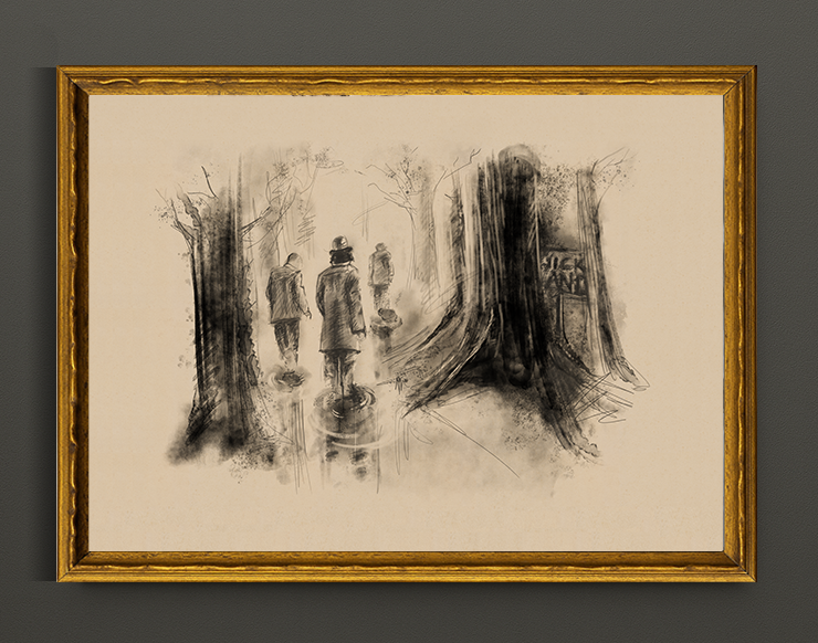 Limited Edition Quicksand 11x14 signed print in a thin gold frame on a dark gray wall